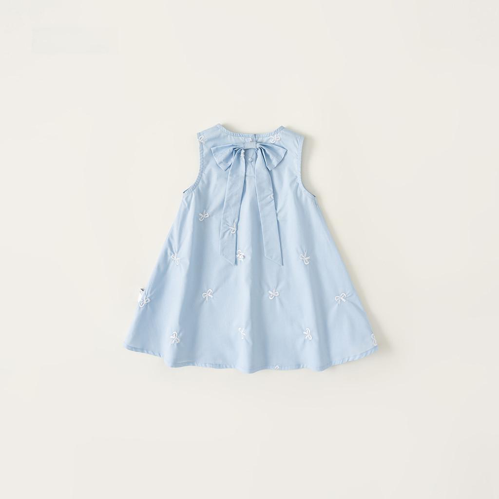 Girl Summer Cotton Sleeveless Dress With Bow Embroidery For Kids Age 3 To 8