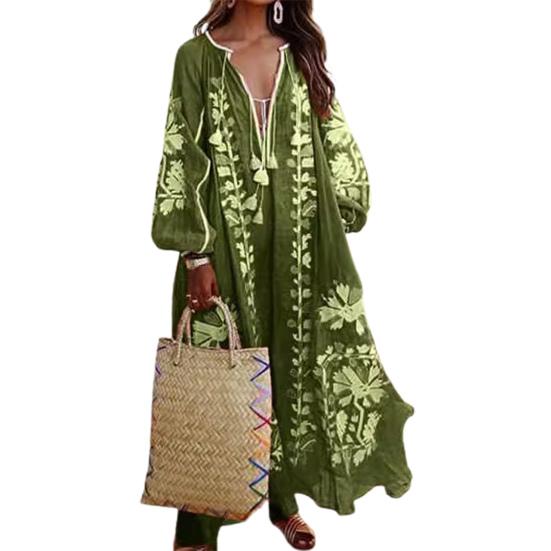 Summer Women Dress Deep V Neck Tassel Long Sleeve Retro Bohemian Style Oversized A-line Flowy Hem Floral Print Vacation Beach Maxi Dress