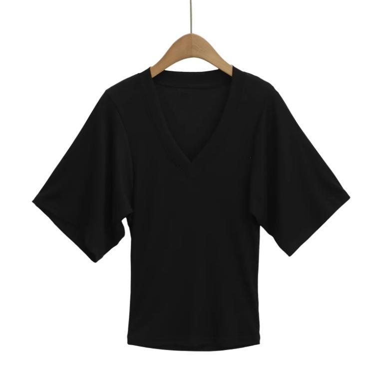 V-neck waist short-sleeved T-shirt women's summer new American Spice Girl solid color five-quarter-sleeved bottoming shirt outerwear top