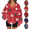 Women's Fashion Casual Long Sleeve Christmas Printed V-Neck Top Sweatshirt