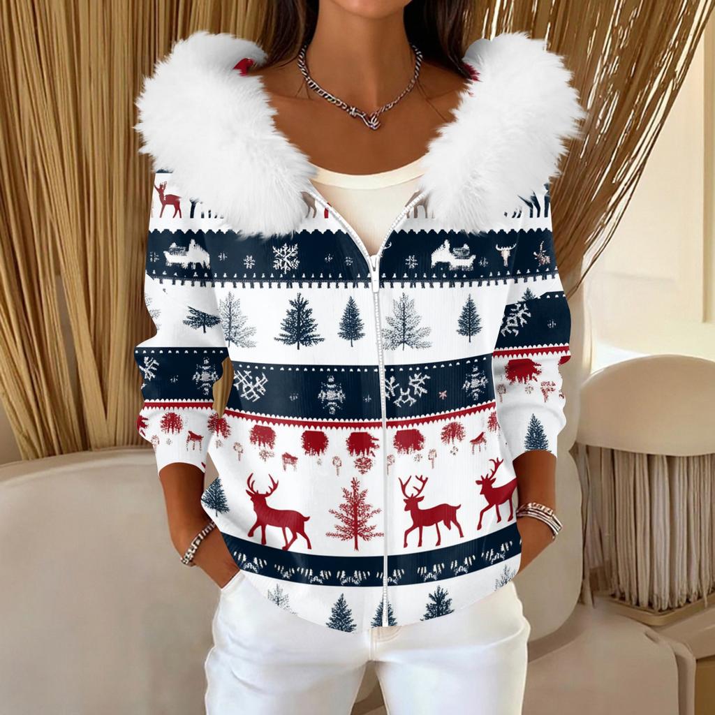 Women's Fashion Casual Sweater Zipper Print Cardigan Plush Hooded Jacket