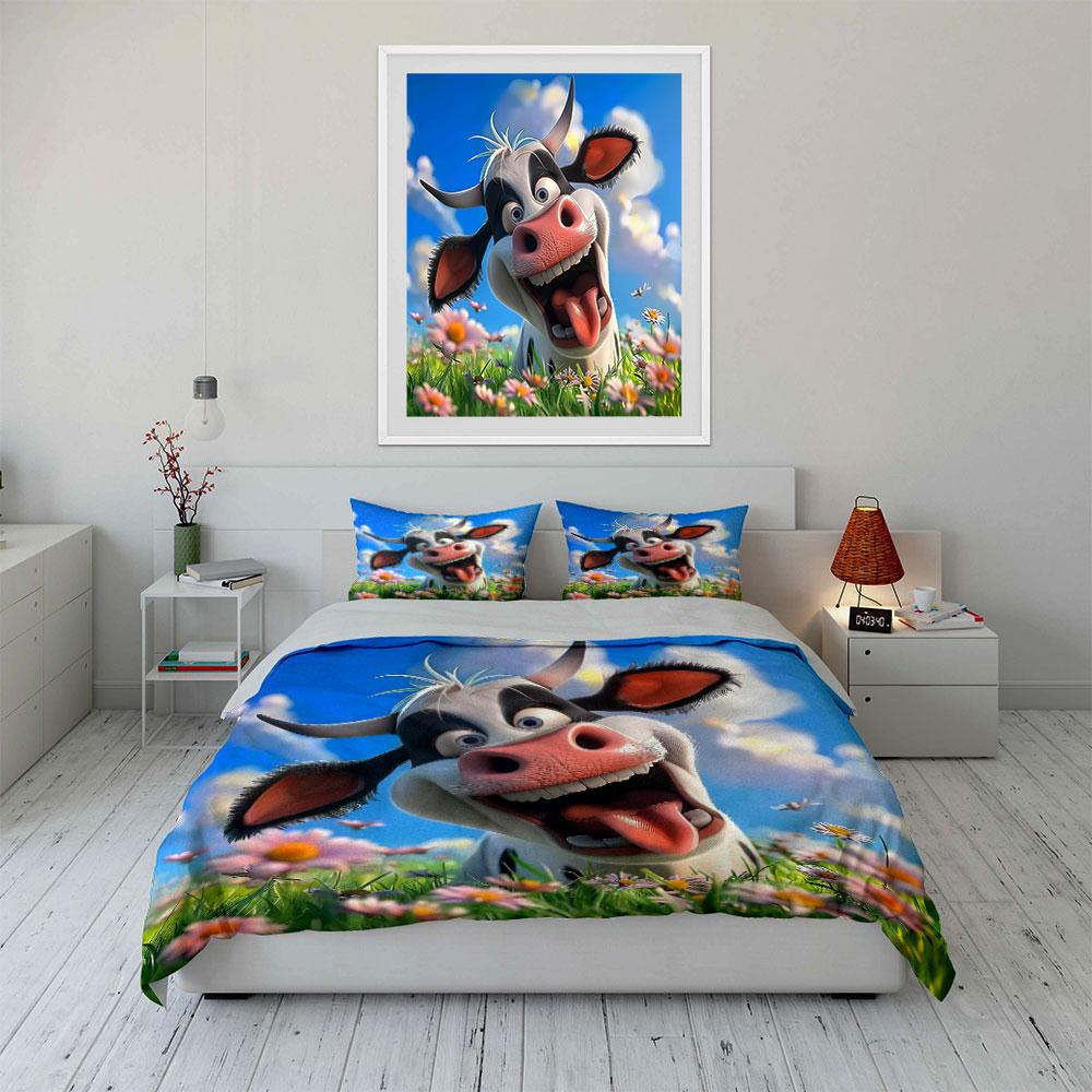 Cartoon Cow in Flower Field Bedding Duvet Cover Set (1*Duvet Cover 2*Pillowcases, without duvet insert)