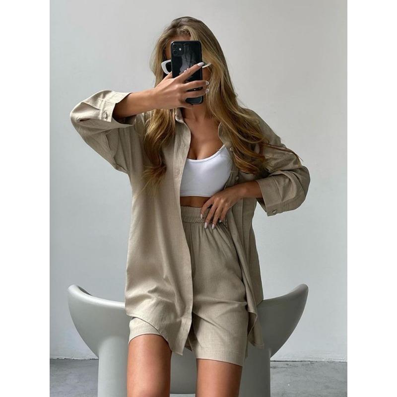 Модная рубашка с длинным рукавом и свободные широкие шорты, комплекты женских пуговиц, весна-осень, эластичная талия, повседневные шорты, костюм, наряды, элегантная одежда 1083