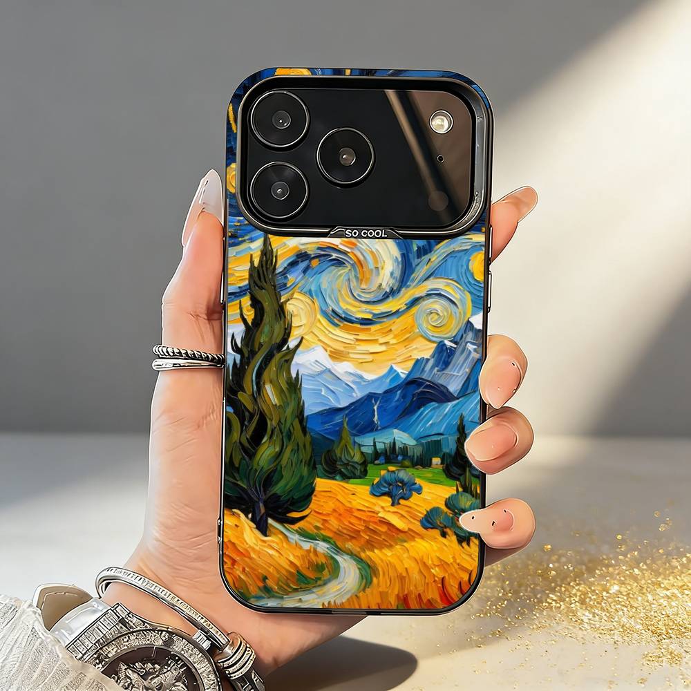 Чехол для телефона V-Van G-Gogh Звездная ночь Для iPhone17,16,15,14,13,12,11,Pro,MAX Серый Матовый Силиконовый Черный Чехол
