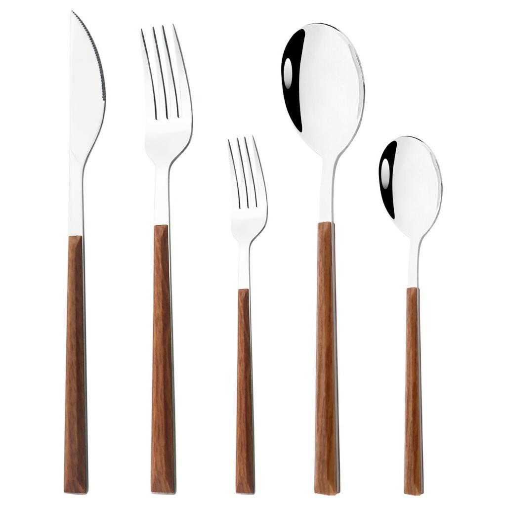 5 шт., набор столовой посуды с деревянной ручкой, посуда из нержавеющей стали, нож для стейка, вилка, десертная ложка, столовые приборы, кухонные столовые приборы в западном стиле