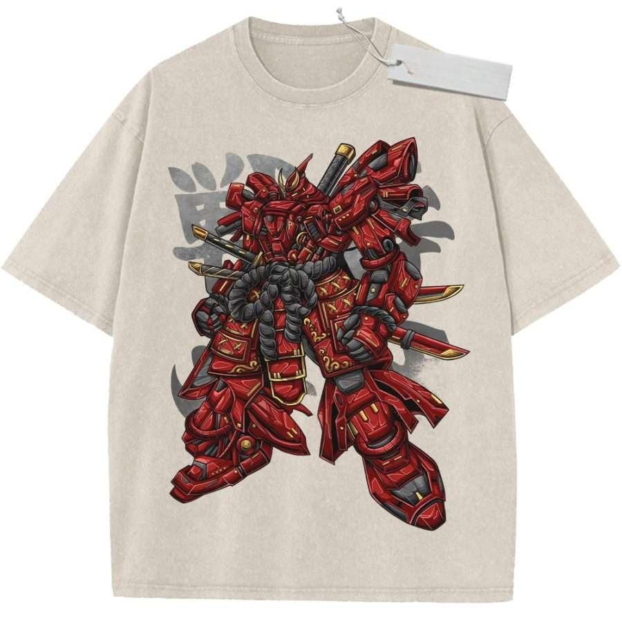 Летняя мужская черная стираная футболка Mobile Suit Gundam Красный Самурай Меха Золотой Меч Высококачественная ткань для повседневной носки