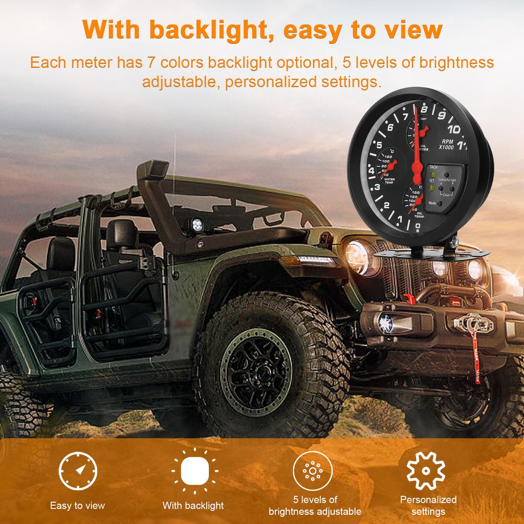 5 Inch 4 in 1 Car Multifunctional Gauge Tachometer Oil Pressure Oil Temperature Water Temperature Gauge Meter Support