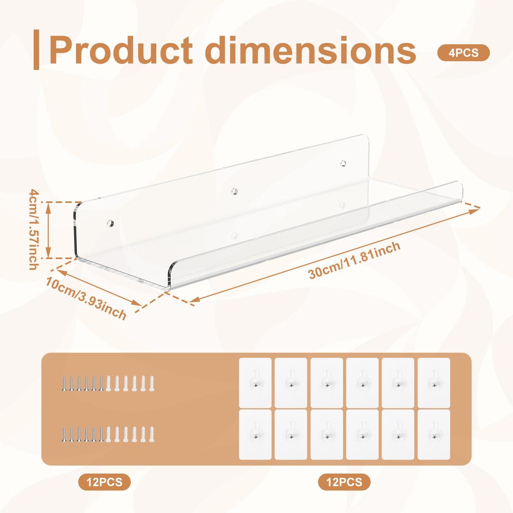 4-12 шт. Акриловая настенная полка для хранения, прозрачные подвесные полки для книг, записей, рукоделия и игрушек.