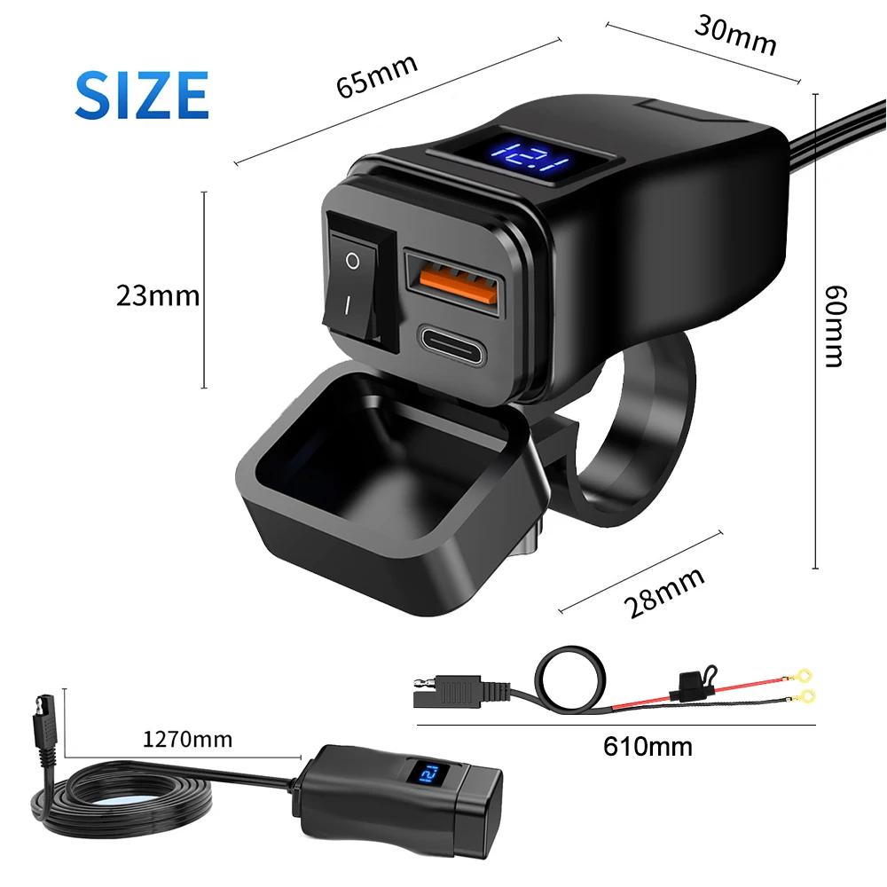 60W PD+QC3.0 Motorcycle Handlebar Charger Moto Fast Charger with LED Voltmeter Waterproof Power Adapter 12V Moto Accessories