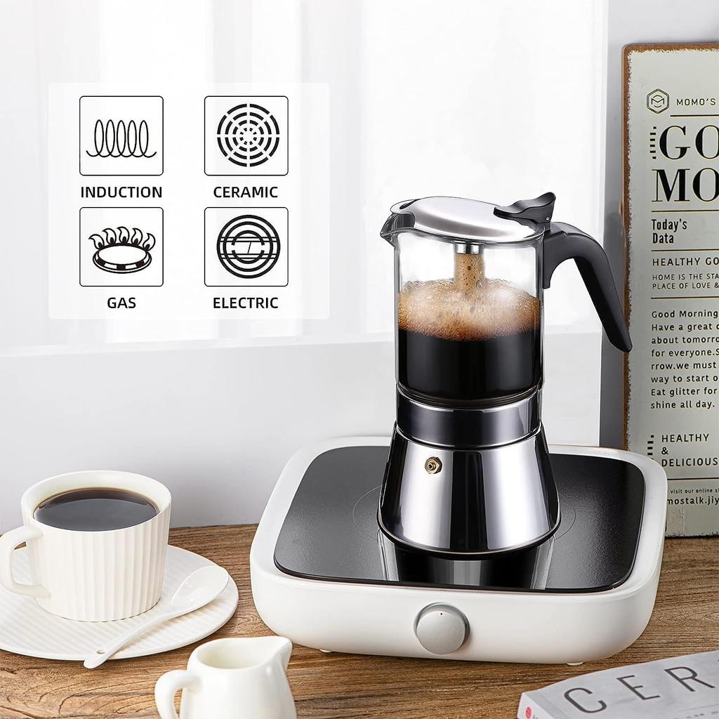 Кофеварка для эспрессо на индукционной плите Moka с клапаном давления, столешницей из хрустального стекла и кастрюлей Esprosso Moka из нержавеющей стали, классическая итальянская кофеварка