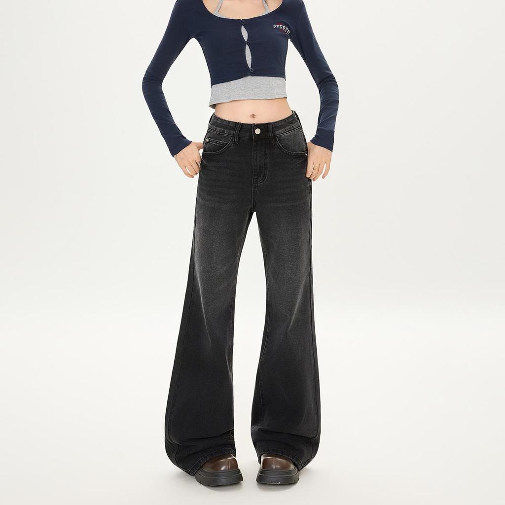 2025 Черно-серые вельветовые джинсы клеш с высокой посадкой и широкими штанинами для женщин