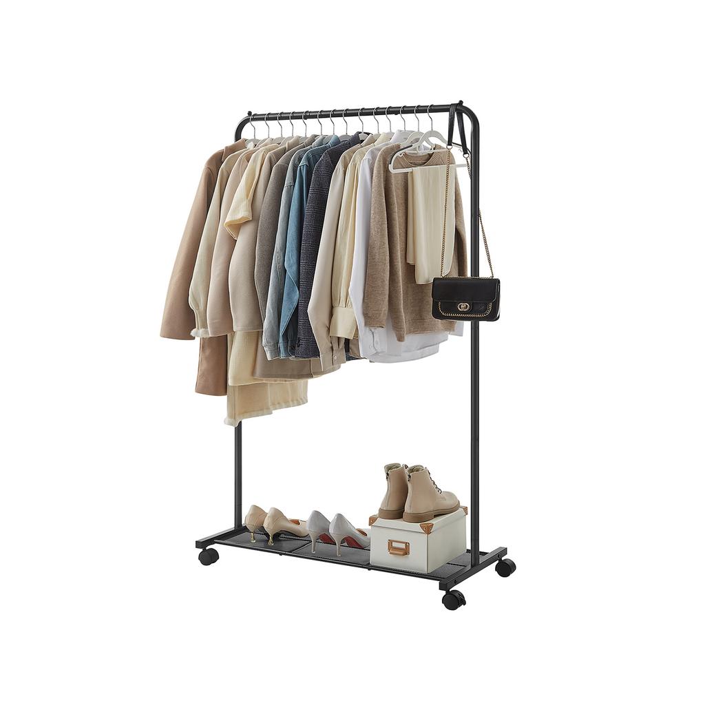 SONGMICS Clothes Rack on Wheels, Single-Rail Metal Garment Rack, with Storage Shelf, Top Rail Holds up to 40 kg, Black