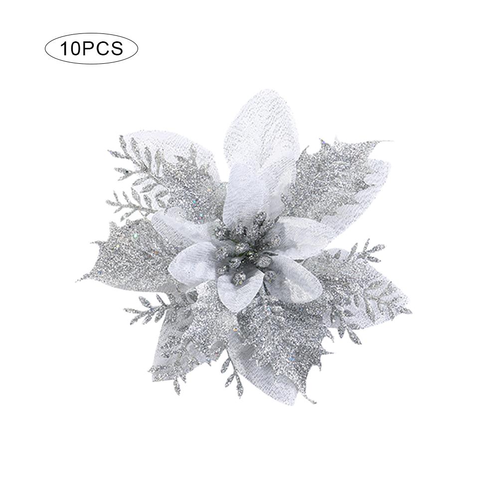 10pcs Artificial Flowers Christmas Glitter Fake Flower Tree Hanging Decoration Xmas Party Tree Ornaments Wedding Silk Flower