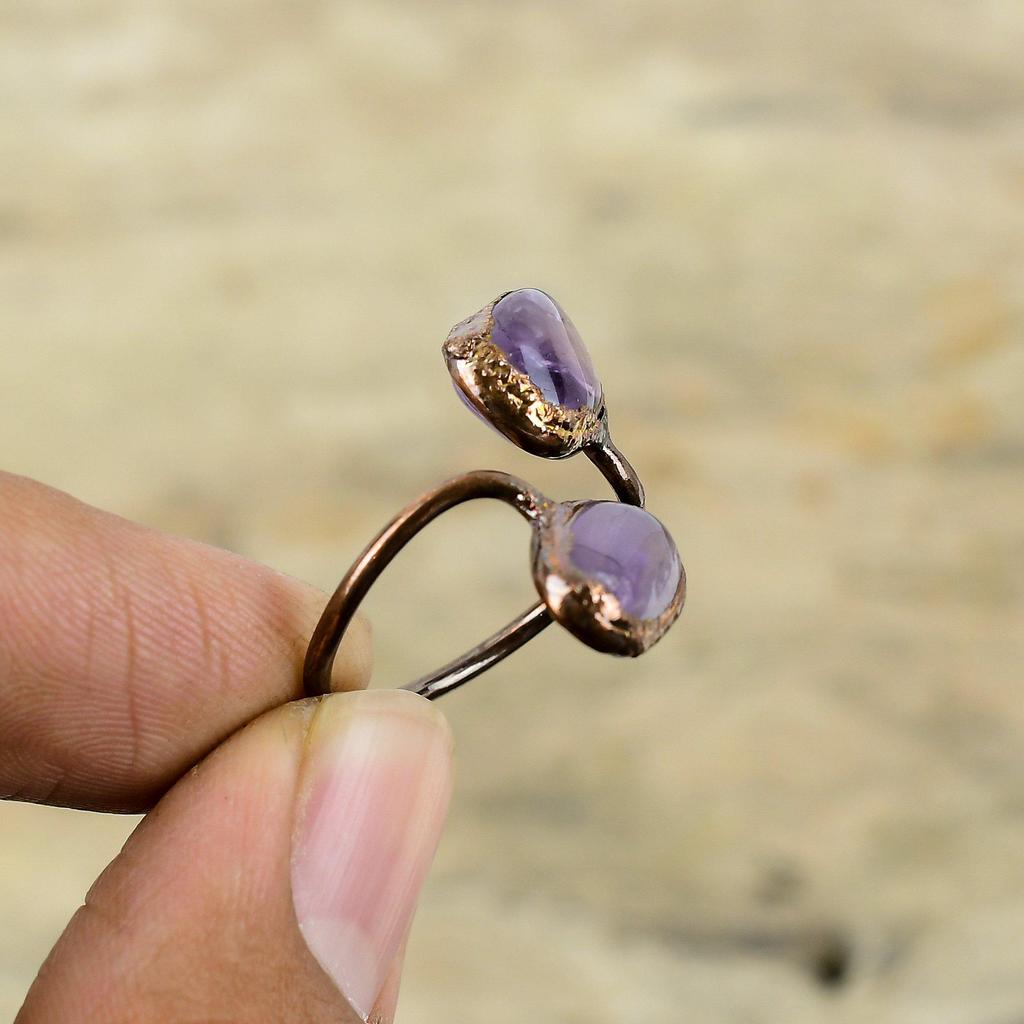 Кольцо с африканским аметистом, медное кольцо, изготовленное методом гальванопластики, регулируемые кольца, ювелирные изделия, изготовленные методом гальванопластики, кольца с драгоценными камнями ручной работы, медные украшения, подарок для него