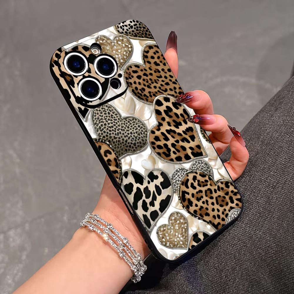 Leopard print heart-shaped phone case suitable for iPhone 17 16 15 14 13 12 11 Pro/Max/Plus anti drop TUP frosted soft case