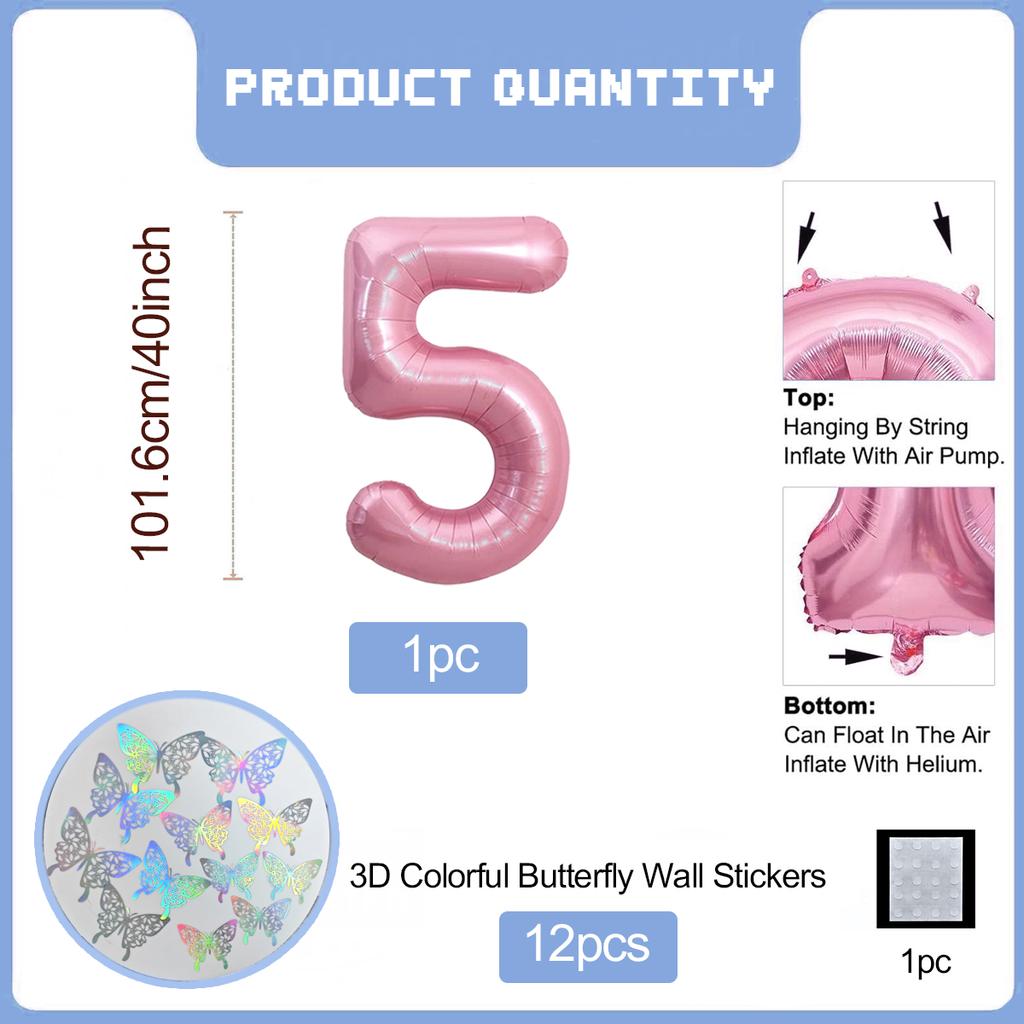 Pink Butterfly Number Balloon, 3D Stereoscopic Butterfly Number 0-9 Used for Anniversary Birthday Party Photography