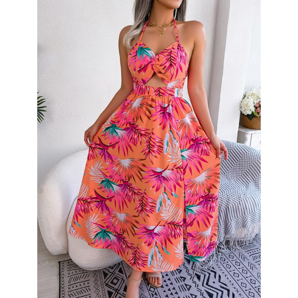 Spring and Summer Floral Sleeveless Hollow Out Halter Long Holiday Beach Dresses for Women