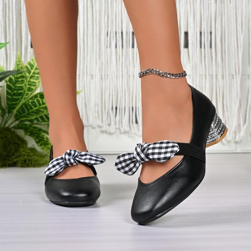 2026 New Women's High Heels Elegant Mid-heeled Pumps Fashion Plaid Bowknot Elastic Strap Mary Jane Shoes Leather Lady Heels