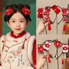 Flower Children Wig Headband Tassel Red Bow Hairband Lovely Hanfu Hair Sticks  Baby