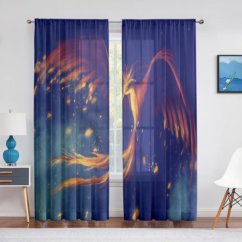 Феникс Пламя Птица Летающие Психоделические Животные Тюлевые Шторы для Декора Гостиной Прозрачная Вуаль Шторы для Спальни Оконные Жалюзи