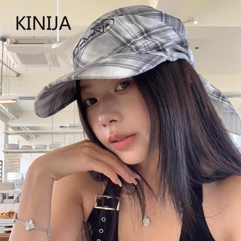 Korean Colour Plaid Strap Headscarf Hats for Women Sunmmer Seadise Beach Vacation Sun Protection Y2k Versatile Sun Hat Overhead
