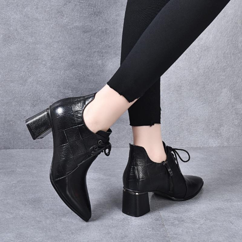 New Women's Mid-heel Lace-up Leather Shoes Genuine Leather Deep-mouth Soft Leather High Heels