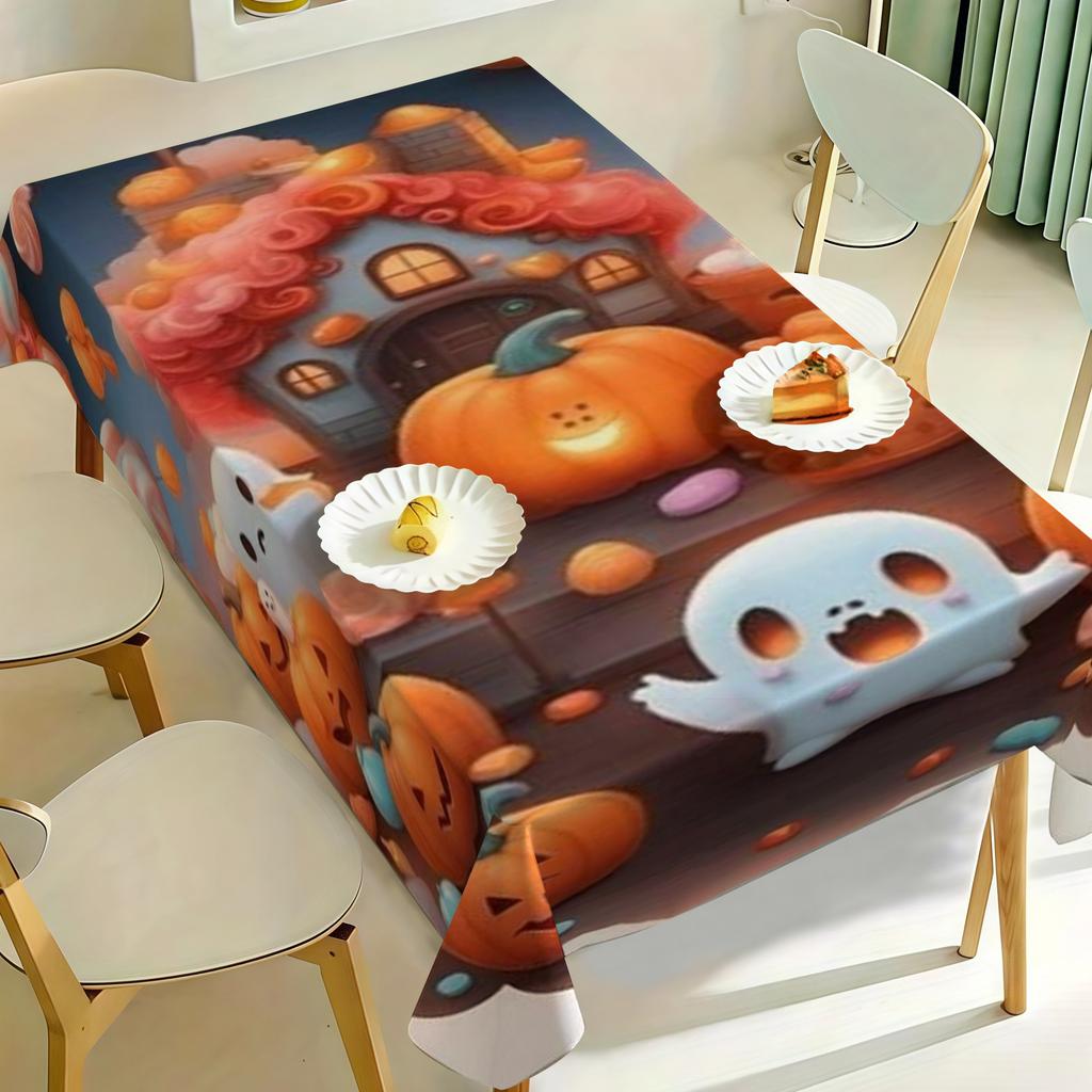 1pc Tablecloth Warm Family Gathering Restaurant Living Room Table Ideal Decor Halloween Theme Cute Cartoon Vivid Pumpkin Lamp Fun Little Ghosts Colorf