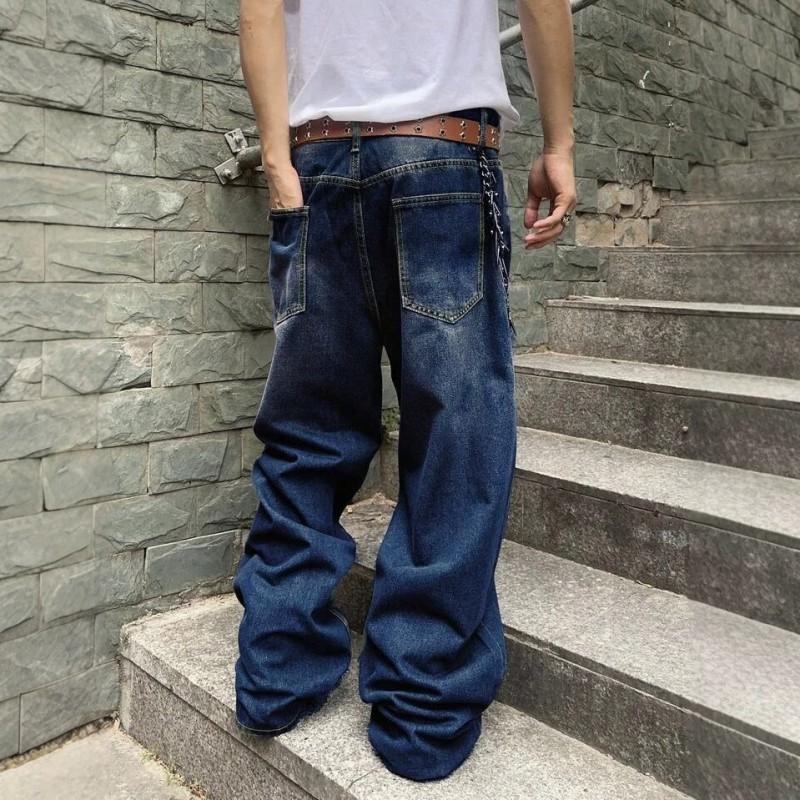 Mens High-Waisted Wide-Leg Denim Jeans 2026 Vintage Washed Relaxed Fit Casual Trousers