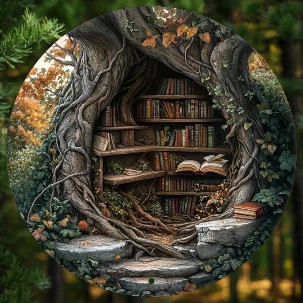 Винтажная книжная полка в виде дерева, Металлическое настенное искусство, Круглый алюминиевый знак для декора гостиной, домашнего офиса