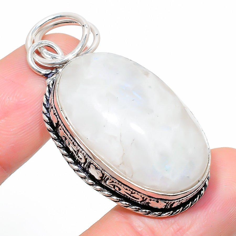 Natural Rainbow Moonstone Gemstone 925 Sterling Silver Pendant 1.97" N7V72