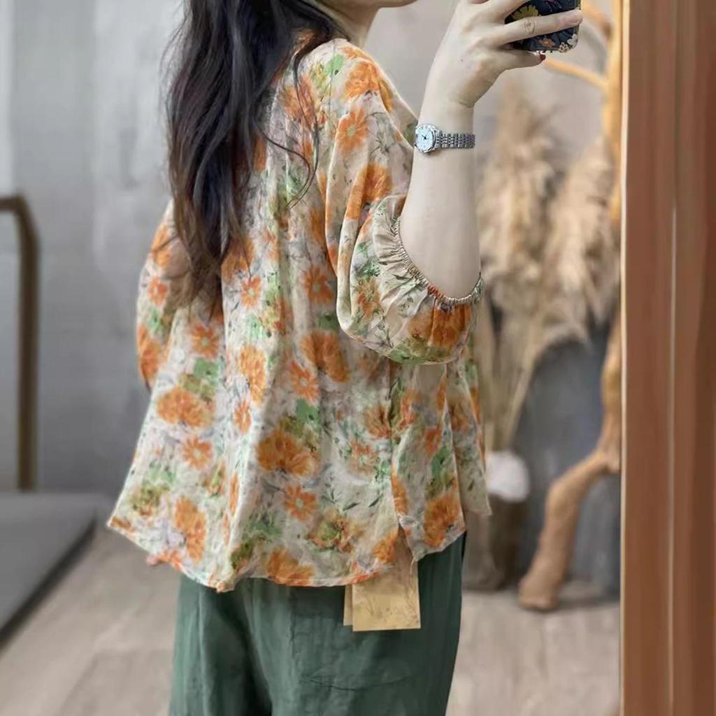 Ретро Летний Женский Повседневный Топ с Семирукавным Рукавом - Стройнящий, Свободный, Модный, Омолаживающая Рубашка