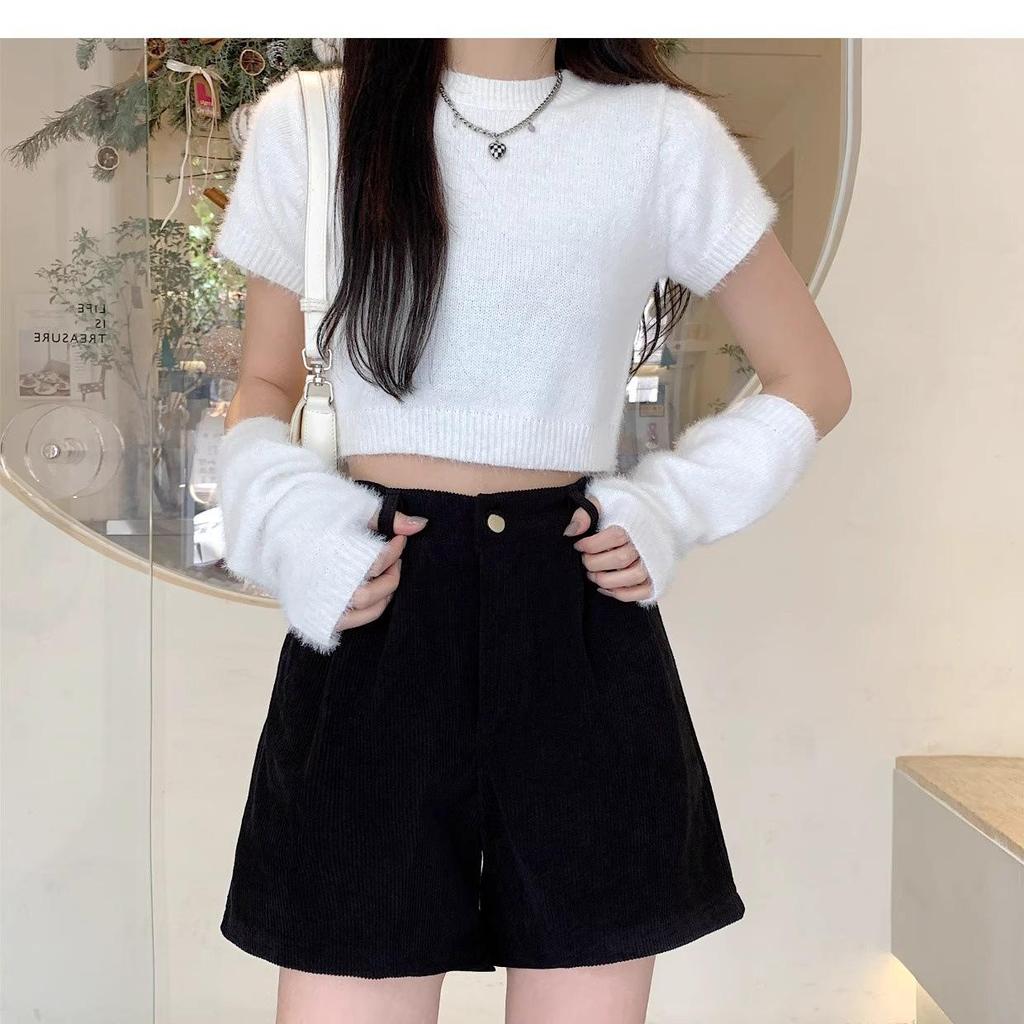 Женские черные вельветовые шорты с высокой талией - осень/зима 2023 года, ретро-мода, широкий дизайн штанин
