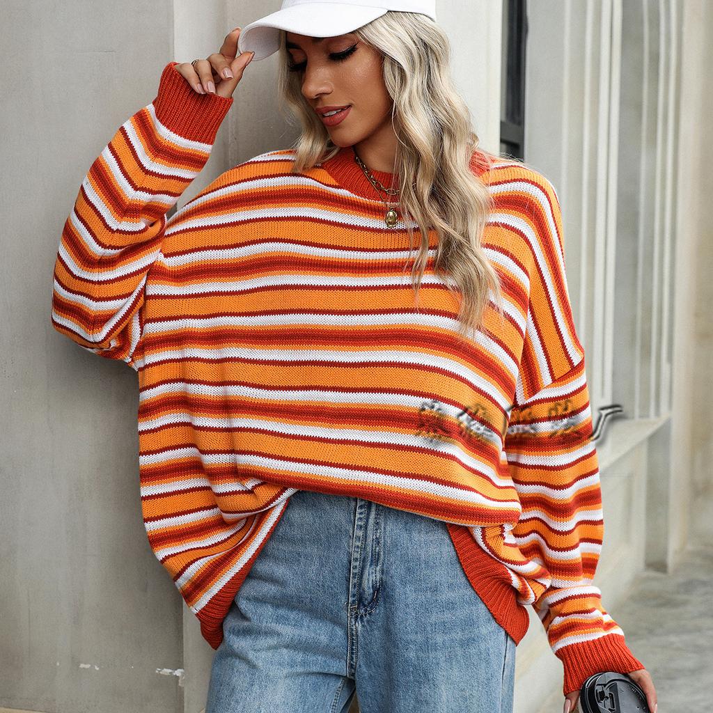 2024 Осень/Зима Новый Европейский И Американский Вязаный Полосатый Трикотажный Свитер Женский Большой Круглый Вырез С Капюшоном