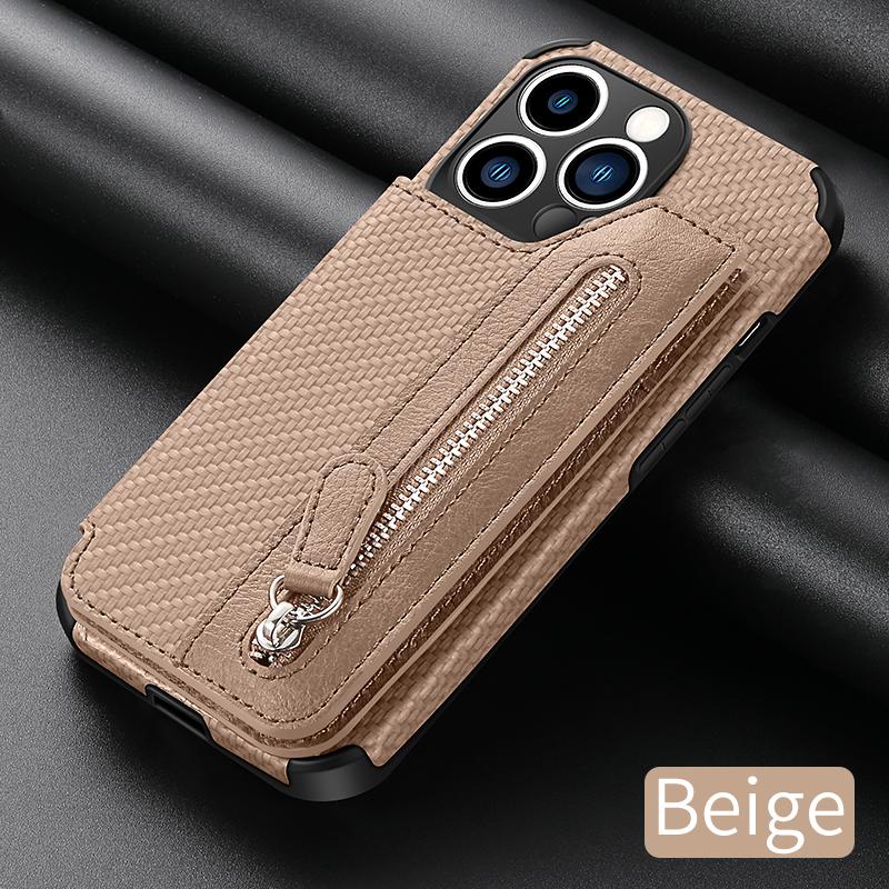 Кошелек на молнии из углеродного волокна с подставкой Чехол-кошелек для IPhone 15 14 13 16 17 Pro Max 12 11 SE 2026 XS 8 7 Plus Сумка для карт Держатель Чехол