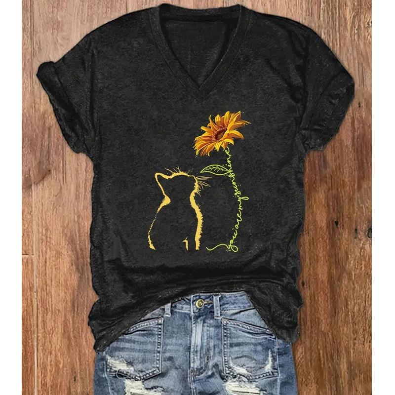Модные блузки с рисунком кошки и подсолнуха, футболки с коротким рукавом и V-образным вырезом, повседневные