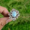 Подарок для нее Натуральный ларимар Штабелируемое кольцо-цветок Регулируемое кольцо из серебра 925 пробы