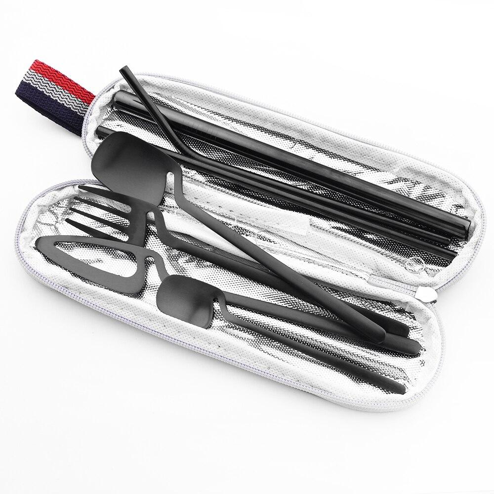 Золотой портативный набор столовой посуды, уникальный дизайн, многоразовые туристические столовые приборы для кемпинга, набор столовых приборов с прямой соломинкой 215/12/6