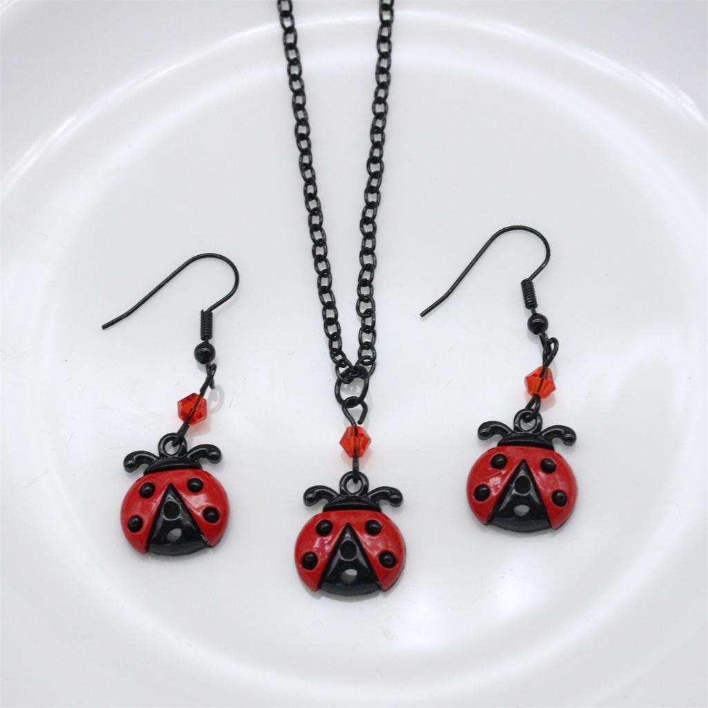 Ladybug Necklace And Earring Set Cute Mini Seven Star Ladybug Pendant Black Chain Red Crystal Accents Charming Costume Jewelry