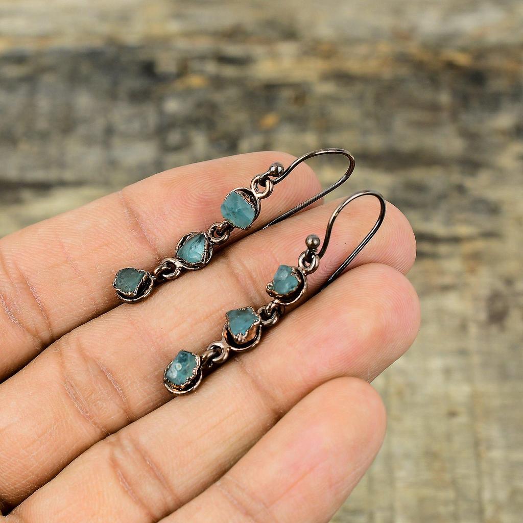 Грубые серьги с аквамарином, медные серьги, полученные гальваническим способом, ювелирные изделия ручной работы, серьги из натурального драгоценного камня, гальванические медные ювелирные изделия, подарок для женщин