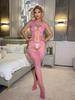 European & American Sexy Halterneck Cutout Jacquard Mesh Bodystocking Suspender Bodysuit