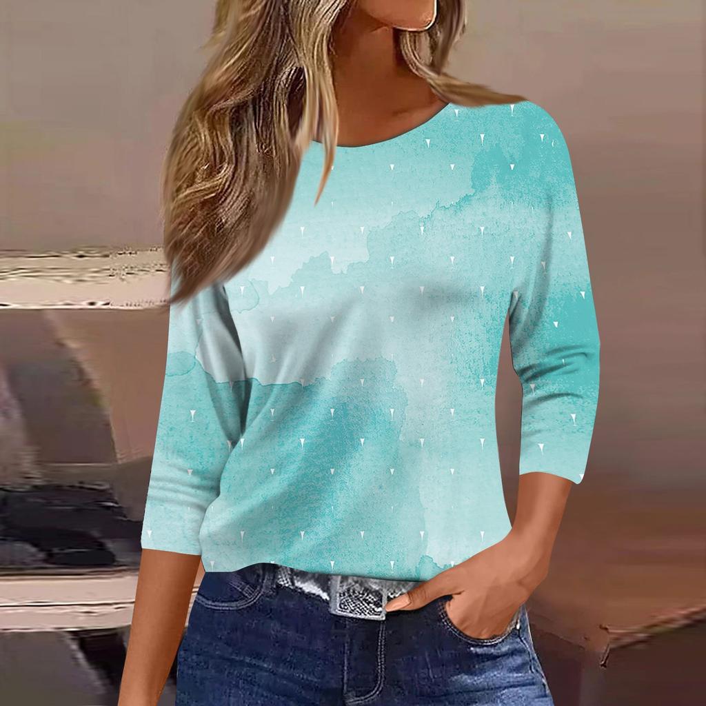 Women's Fashion Casual Round Neck 3/4 Sleeve Loose Printed T-Shirt Ladies Top