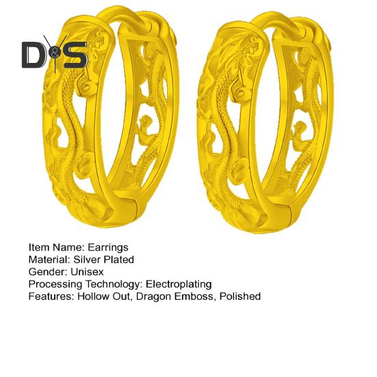 1 Pair Unisex Huggie Earrings Hollow Out Dragon Emboss Polished Golden Round Hoop Earrings Adult Ear Jewelry for Club Party