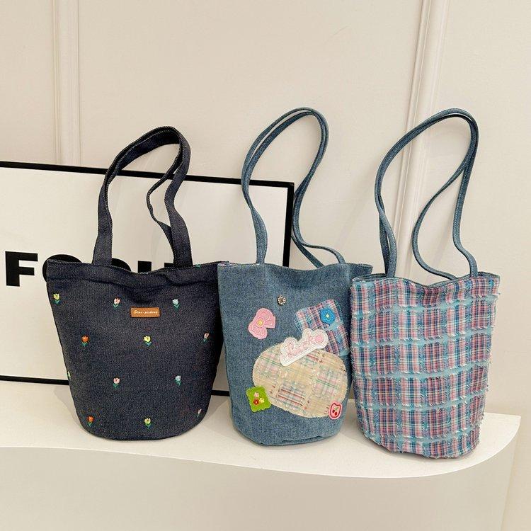 Портативная джинсовая сумка-ведро женская сумка для обеда с вышивкой уличная сумка через плечо большая сумка