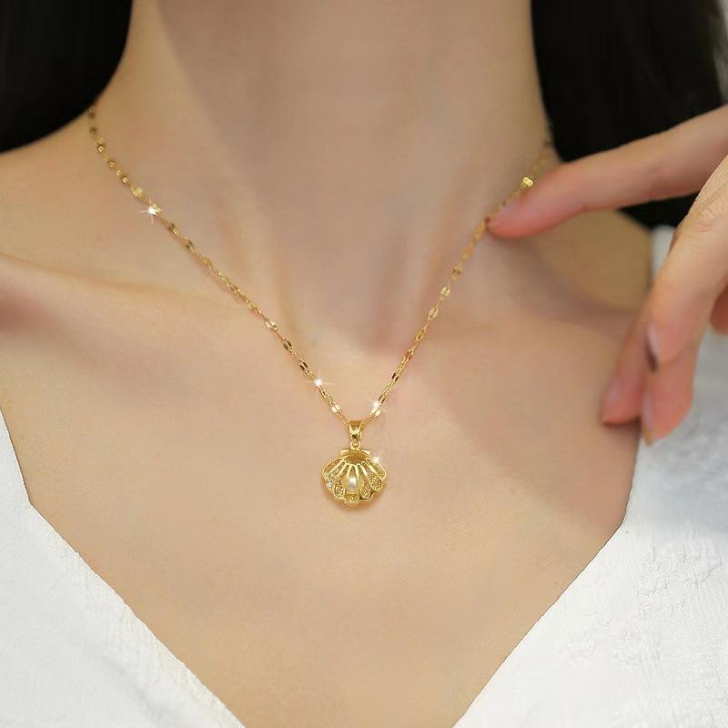 Light Luxury Full-length Drill-width Empty Shell Pearl Necklace Women's Necklace Pendant Ins Style Accessories