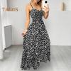 Women Strappy Dress Leopard Print Low-cut V Neck Sleeveless Tight High Waist Color Matching Backless Big Hem Vacation Beach Maxi Dress