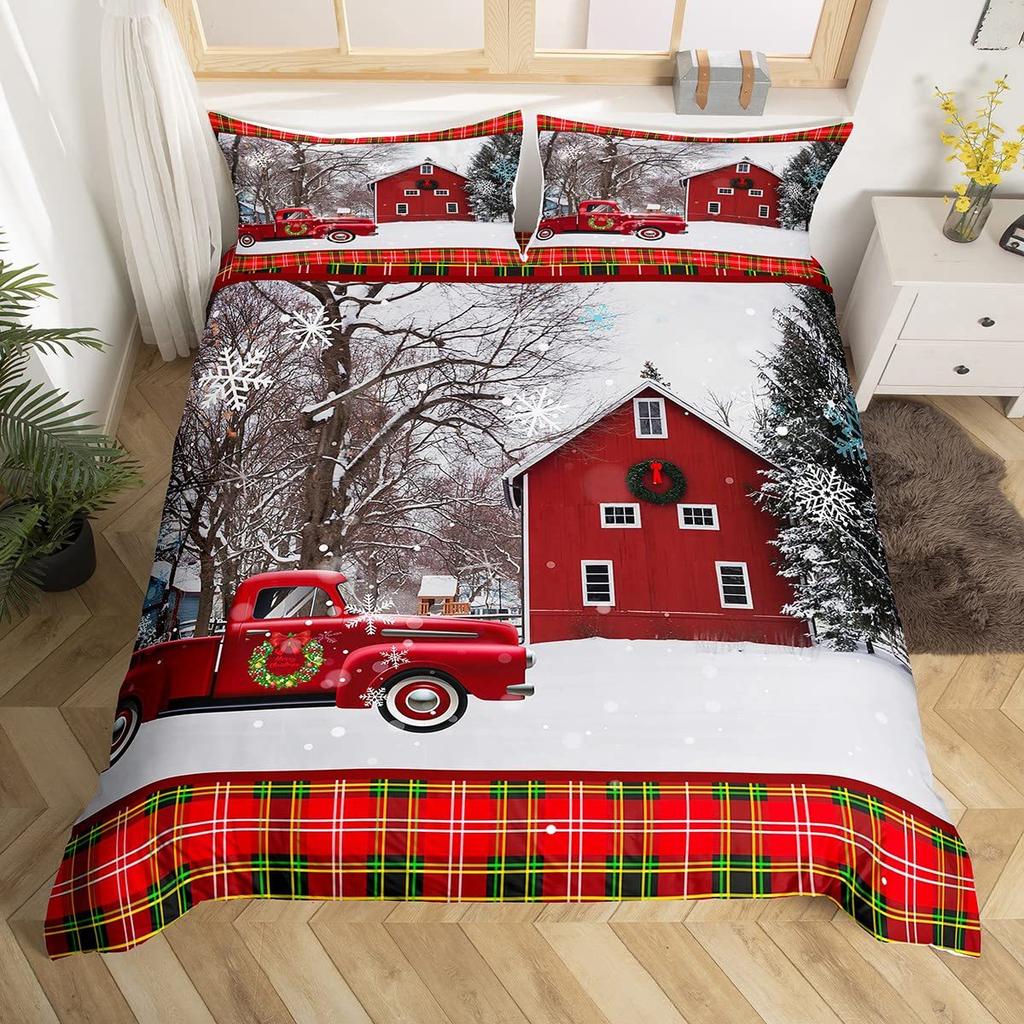 Geometric Grid Christmas Tree Three-Piece Digital Printed Bedding Set Bed Cover