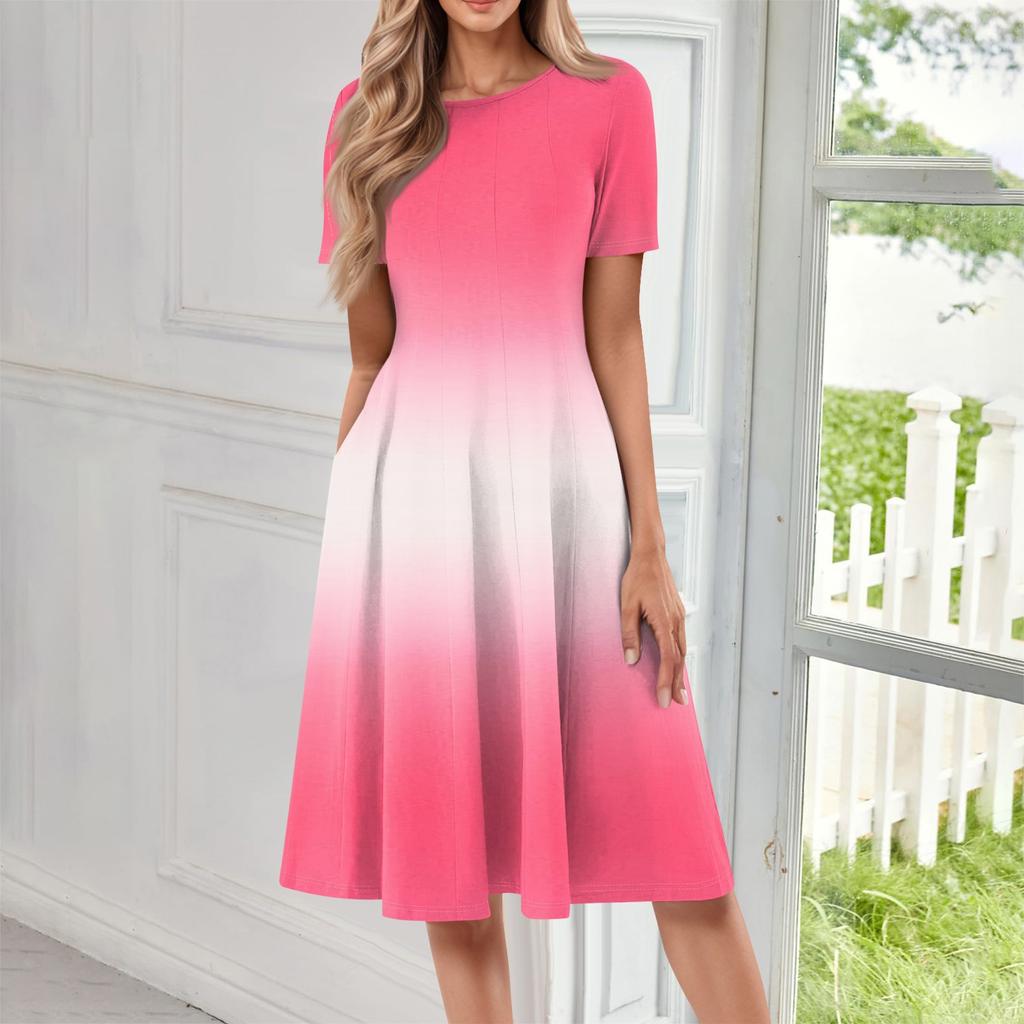 Ladies Casual Fashion Round Neck Short Sleeve Mid-Length Gradient Dress