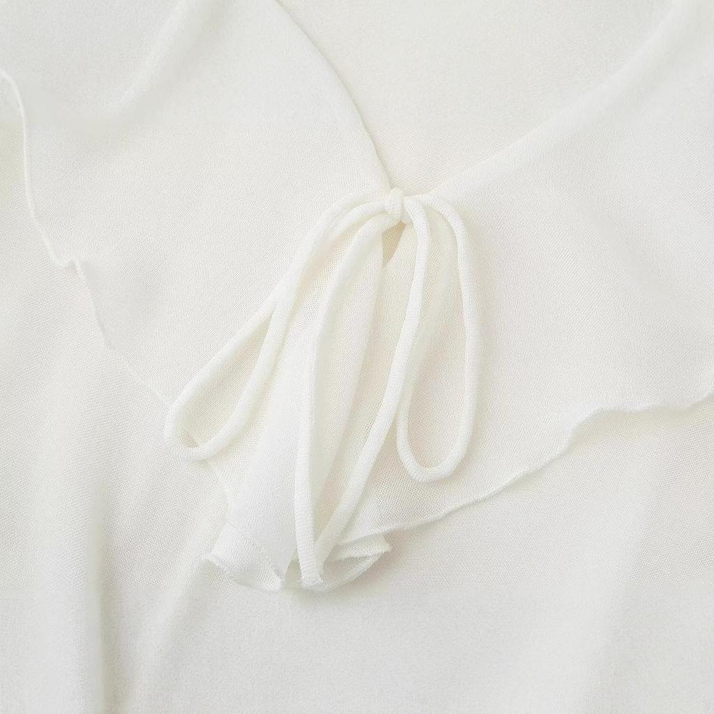 Элегантная женская рубашка ZA с V-образным вырезом, многослойными длинными рукавами и текстурой, 2025