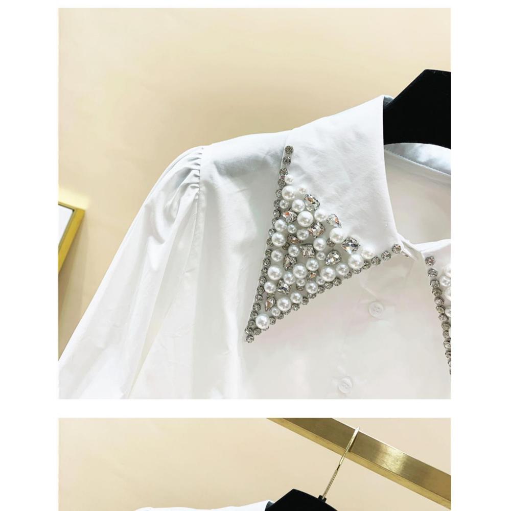 Роскошные вышитые расклешенные брюки Бриллиантовый кукольный воротник Женская весна Новая свободная рубашка с отложным воротником и длинными рукавами однотонная удобная