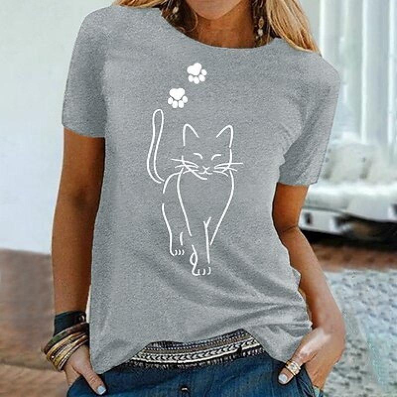 Women's T-shirt T-shirt Black and White Yellow Cat Print Short Sleeved Casual Weekend Basic Round Neck Regular Fit Cat Painting